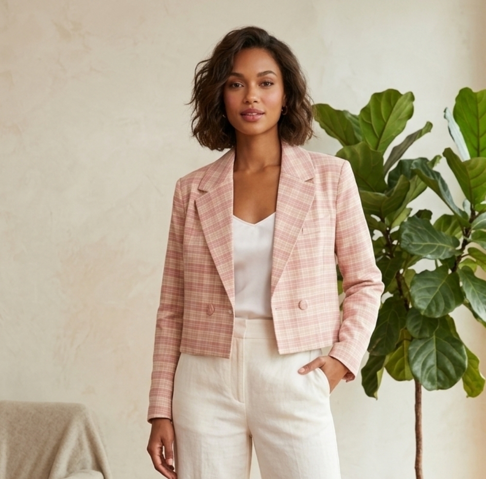 7 For All Mankind Pink Plaid Cropped Blazer